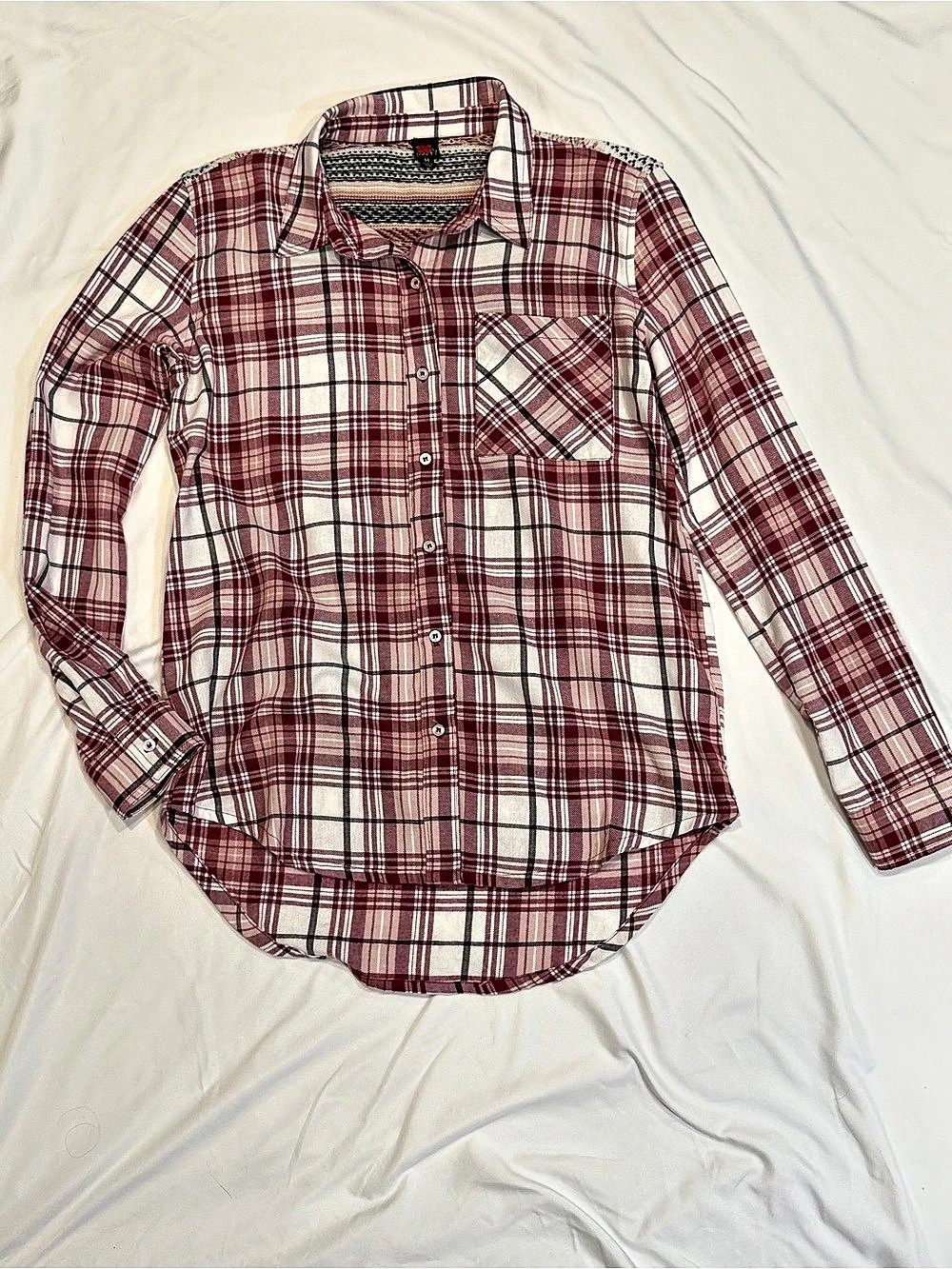 Poof Plaid Cotton Button Down in Cranberry, black & White Size Mediumb